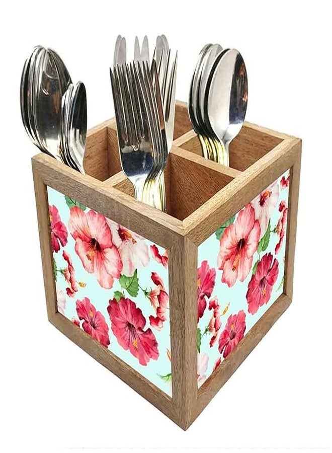 Nutcase Wooden Cutlery Stand Holder Silverware Caddy Spoons Forks Knives Organizer for Dining Table & Kitchen -Made in India-Spoons NOT Included - Hibiscus with White Background - Image 5